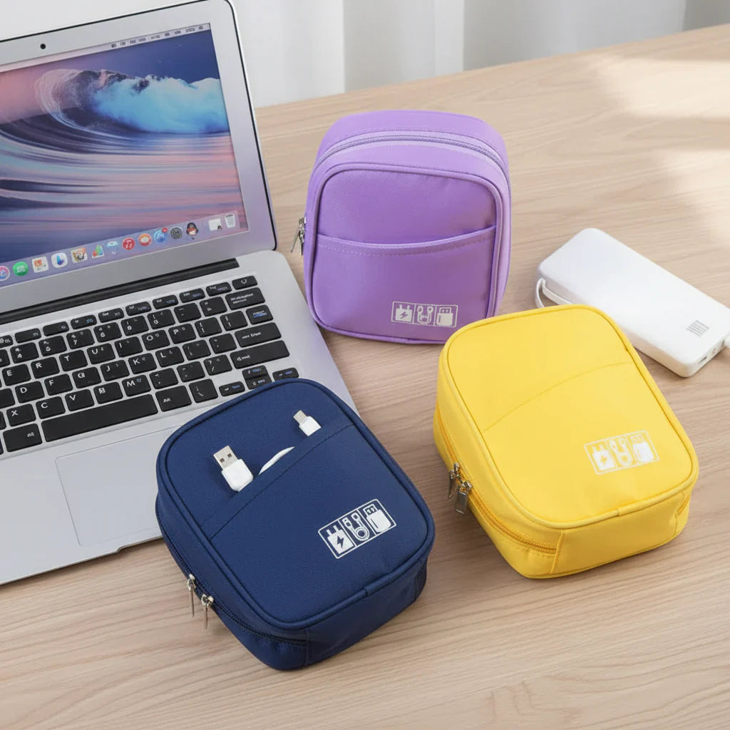 Pochette organisatrice étanche pour câbles et chargeurs, essentielle pour télétravail et mobilité professionnelle