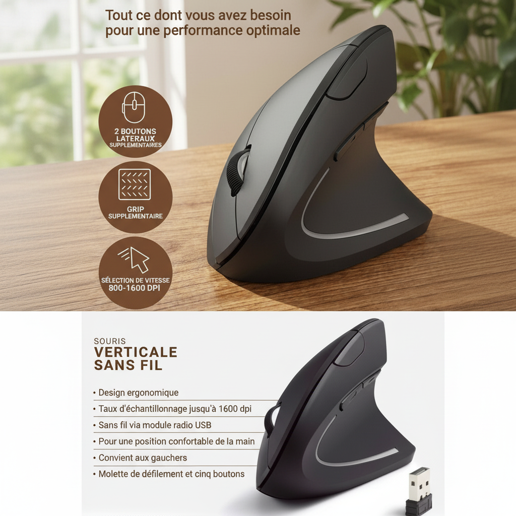 Souris sans fil ergonomique pour usage professionnel quotidien