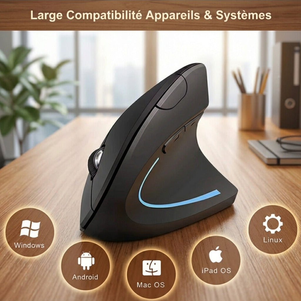 Souris verticale sans fil pour réduire la fatigue du poignet au bureau