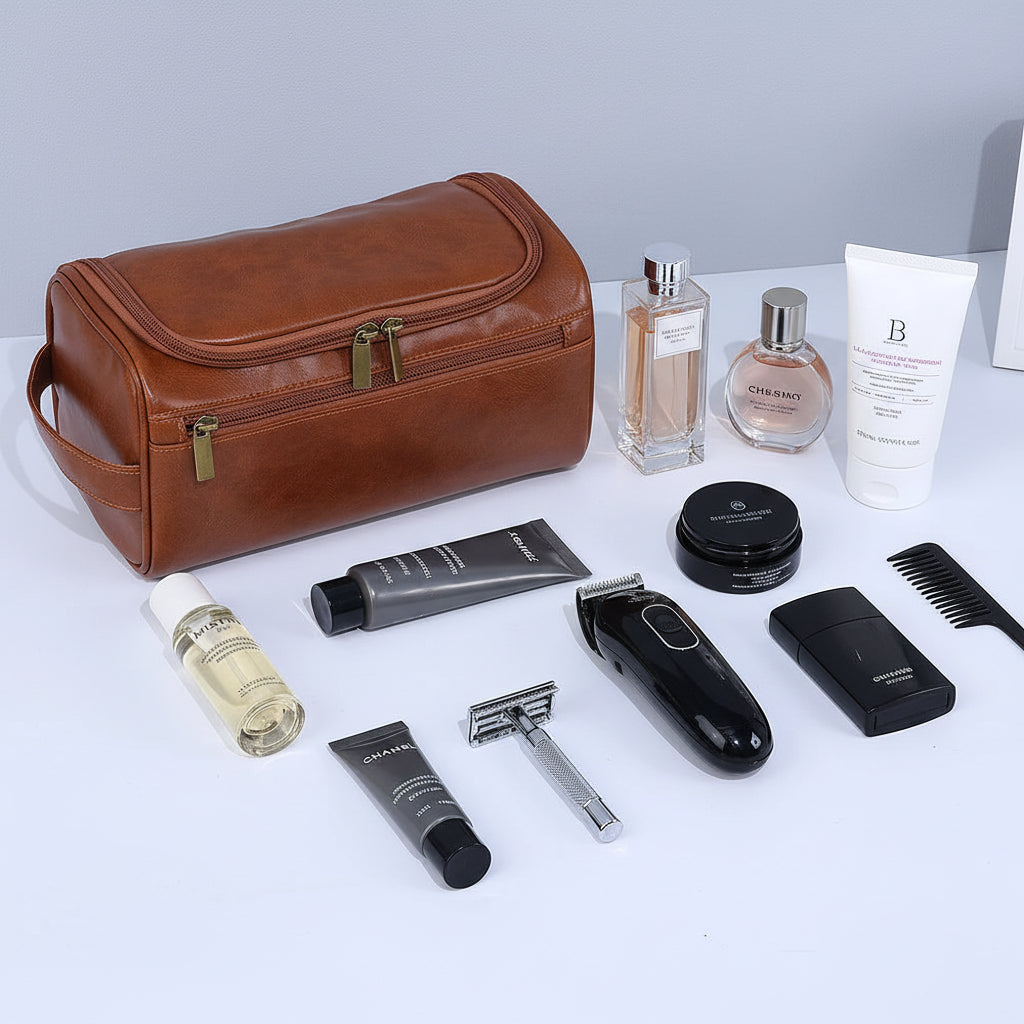 Trousse de toilette homme vintage en cuir PU avec fermeture éclair