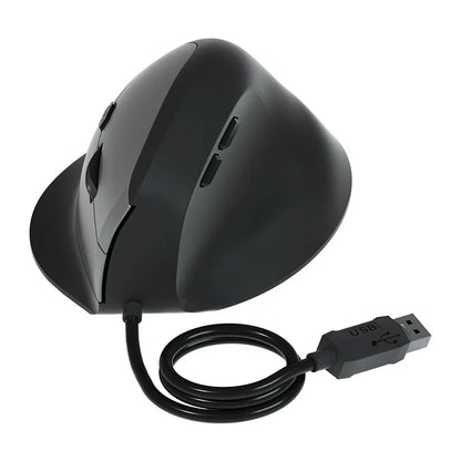 Souris verticale ergonomique filaire noire avec boutons latéraux et revêtement antidérapant pour une prise en main ferme.