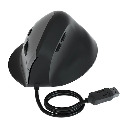 Souris verticale ergonomique filaire noire avec boutons latéraux et revêtement antidérapant pour une prise en main ferme.