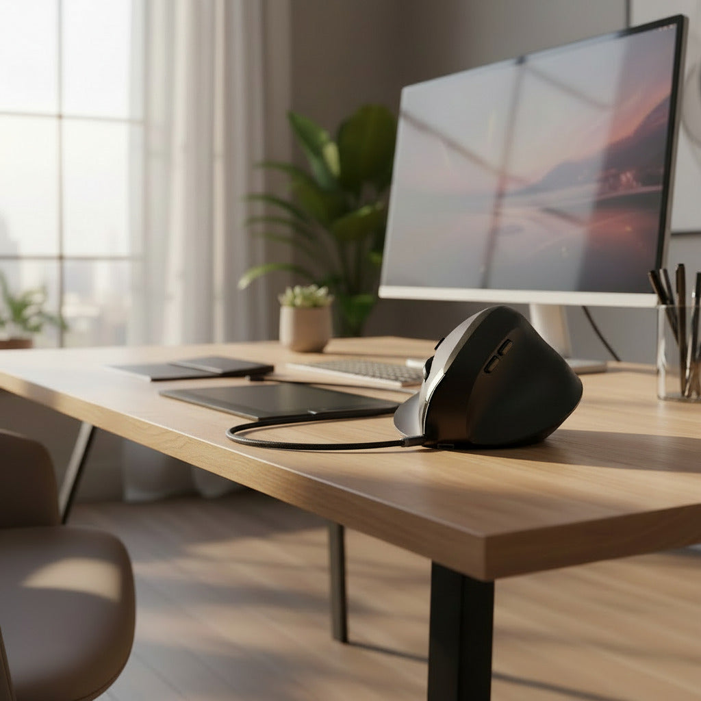 Schéma technique montrant les fonctionnalités de la souris ergonomique incluant le capteur optique et le réglage DPI.