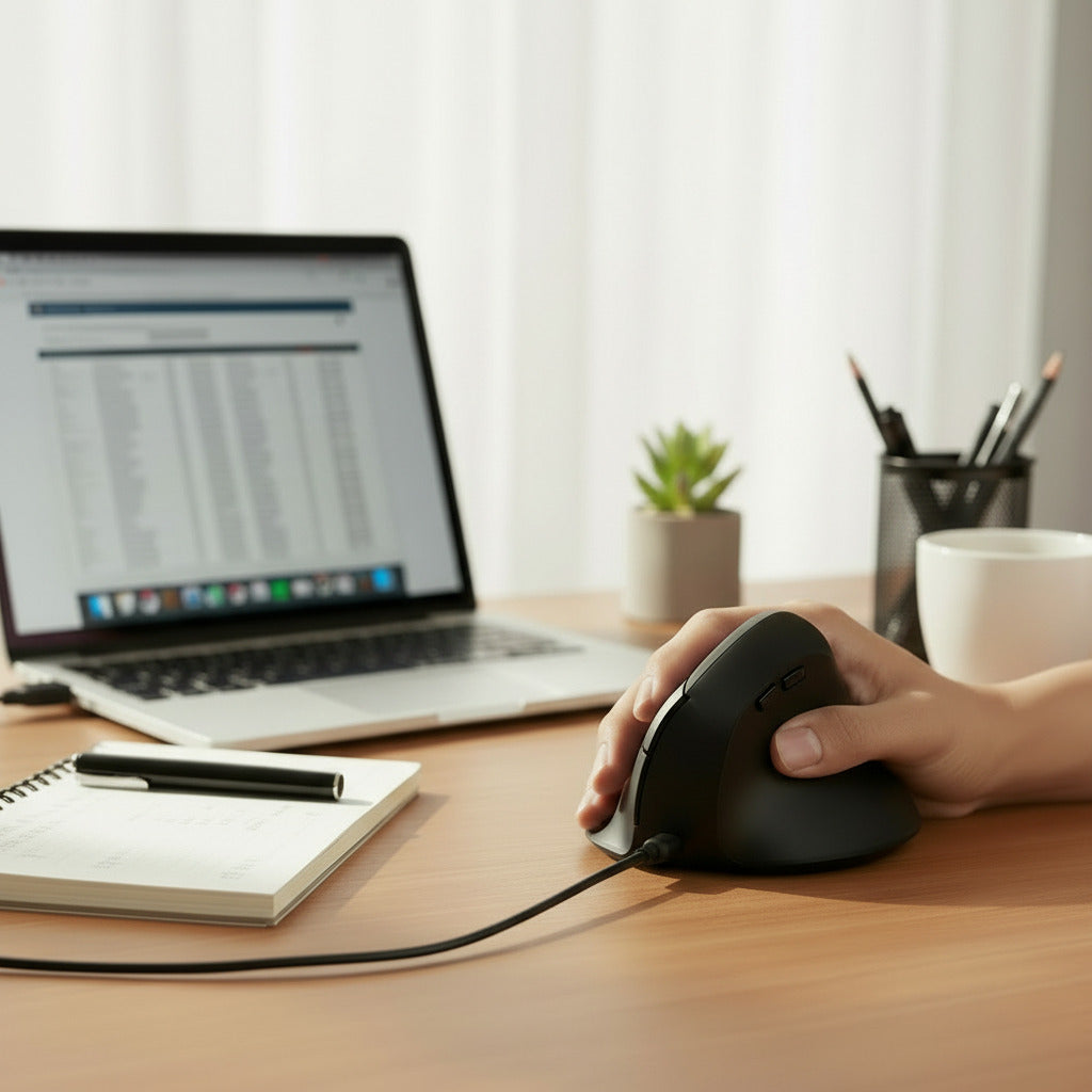 Souris verticale ergonomique filaire noire avec boutons latéraux et revêtement antidérapant pour une prise en main ferme.