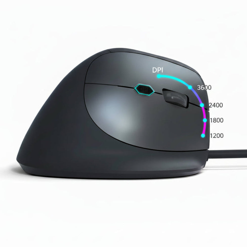 Illustration des bénéfices ergonomiques d'une souris verticale pour réduire la tension musculaire lors du travail sur ordinateur.